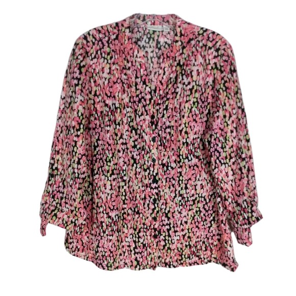 Kim Rogers pink floral 100% linen Shirt size‎ L Roll Tap - Picture 1 of 6